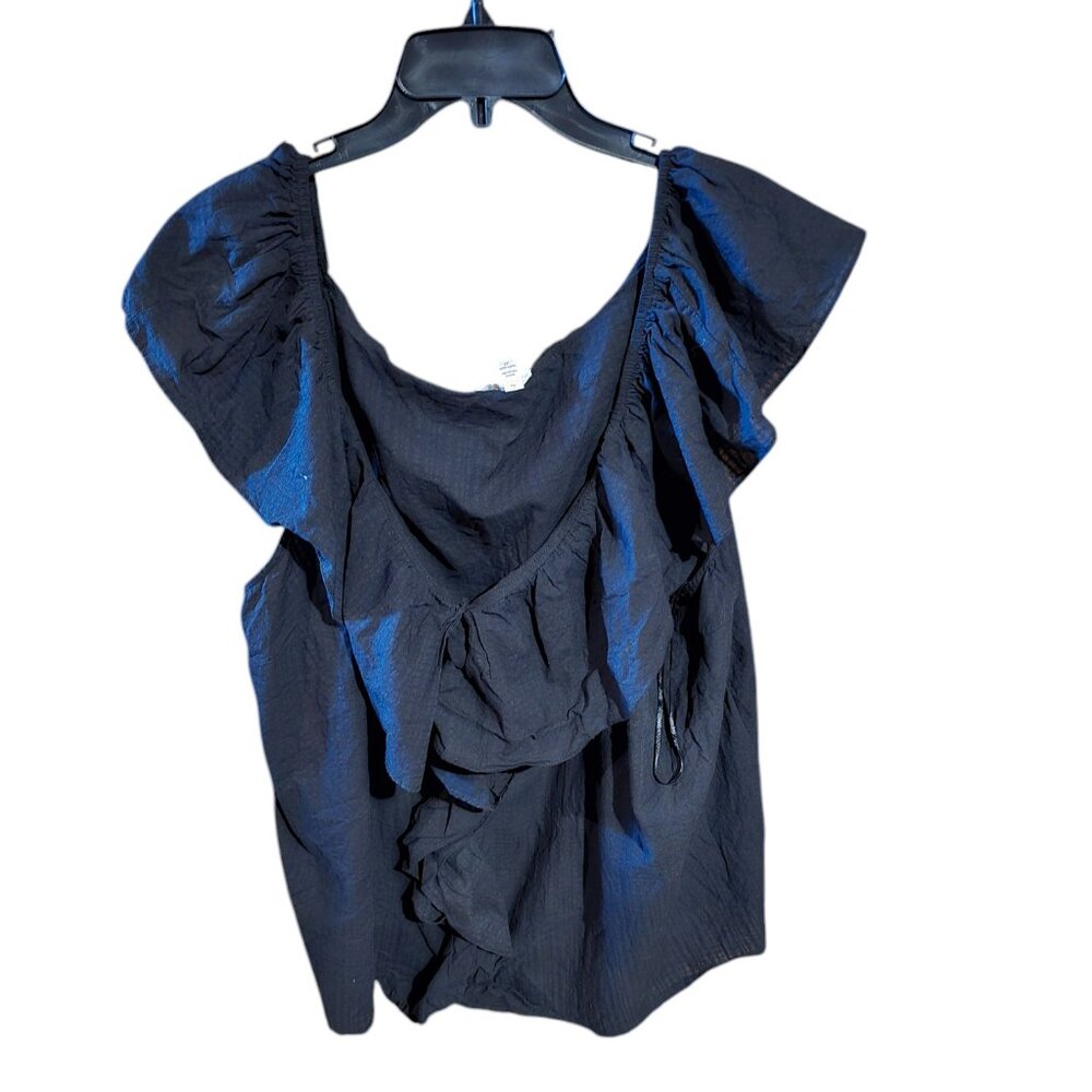 Terra & Sky Solid Black Blouse With Ruffle Collar And Front